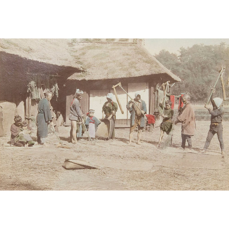 Hand-tinted Meiji Era Photograph | Rice Threshers | Japanese Antique Photography | Albumen Photography | Japanese Decor