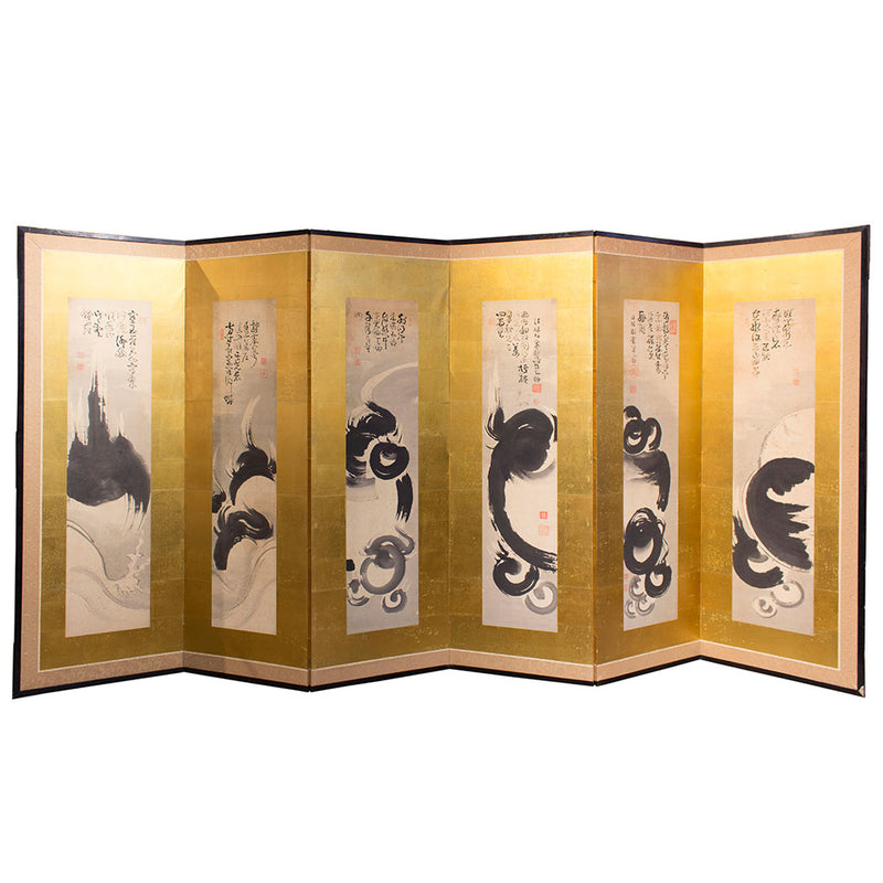 six panel gold leaf zen screen Japanese antique furniture.