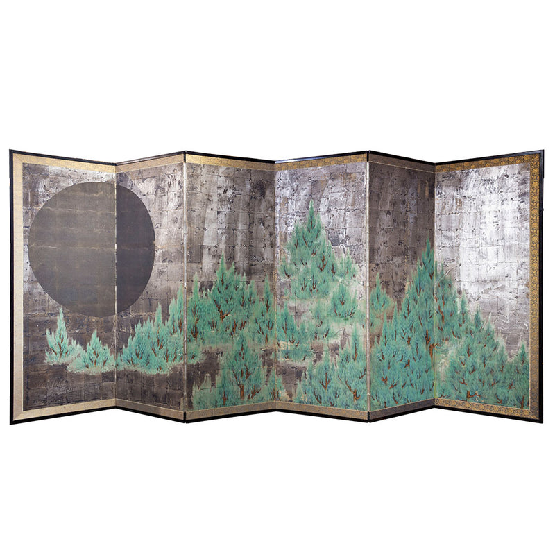 Antique Six Panel Screen depicting The Moon overlooking a Pine Forest