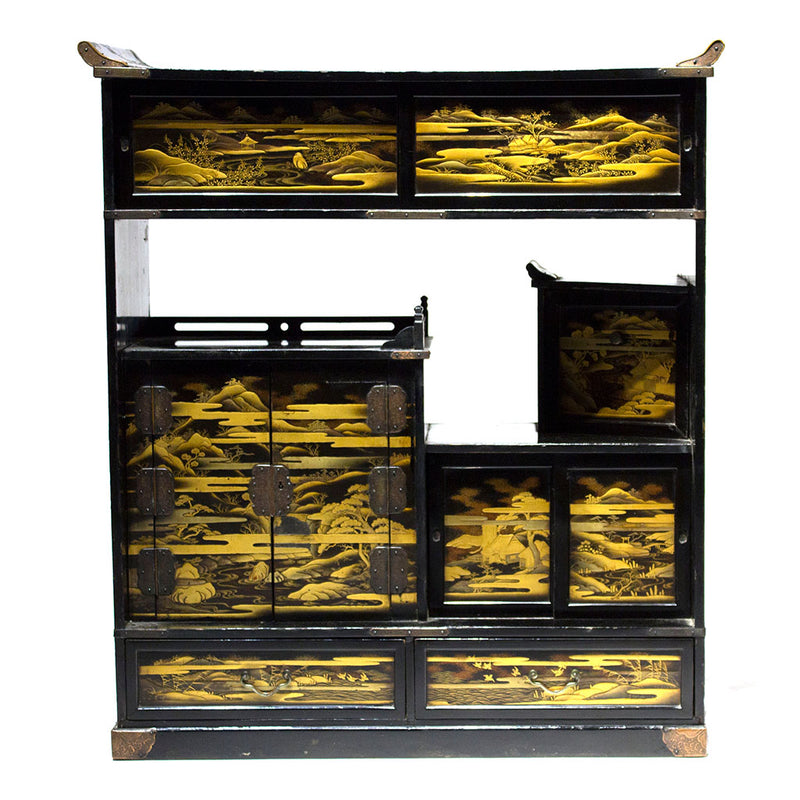 Lacquered Cha Dansu with Maki-e Landscape Japanese Antique Furniture Cabinet