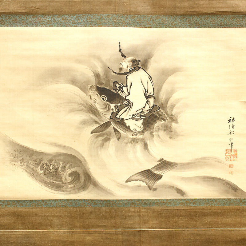 Kinko Sennin Riding a Giant Carp - Antique Japanese Scroll