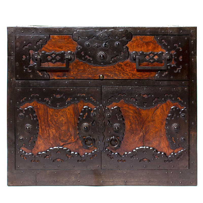 Antique Japanese tansu with lots of ornate iron hardware